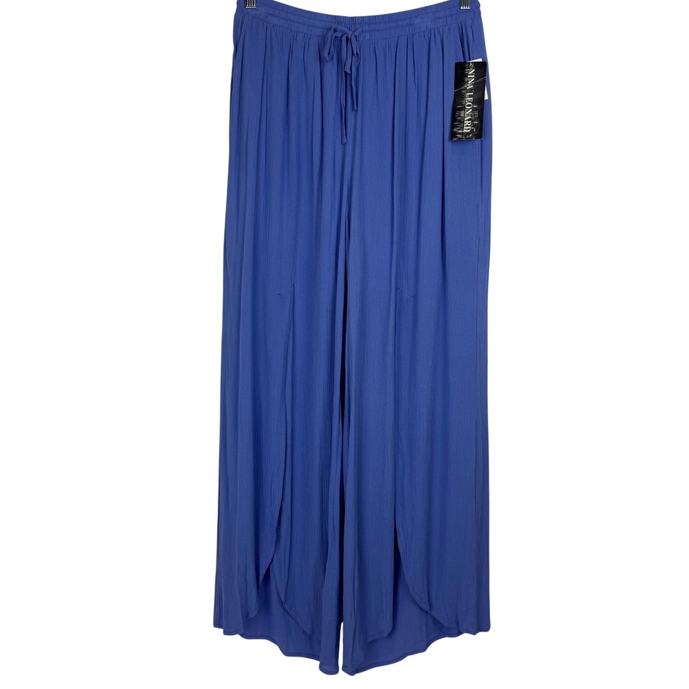 Nina Leonard Women Bright Peri Wide Leg Smock Drawstring Waist Pants Size L